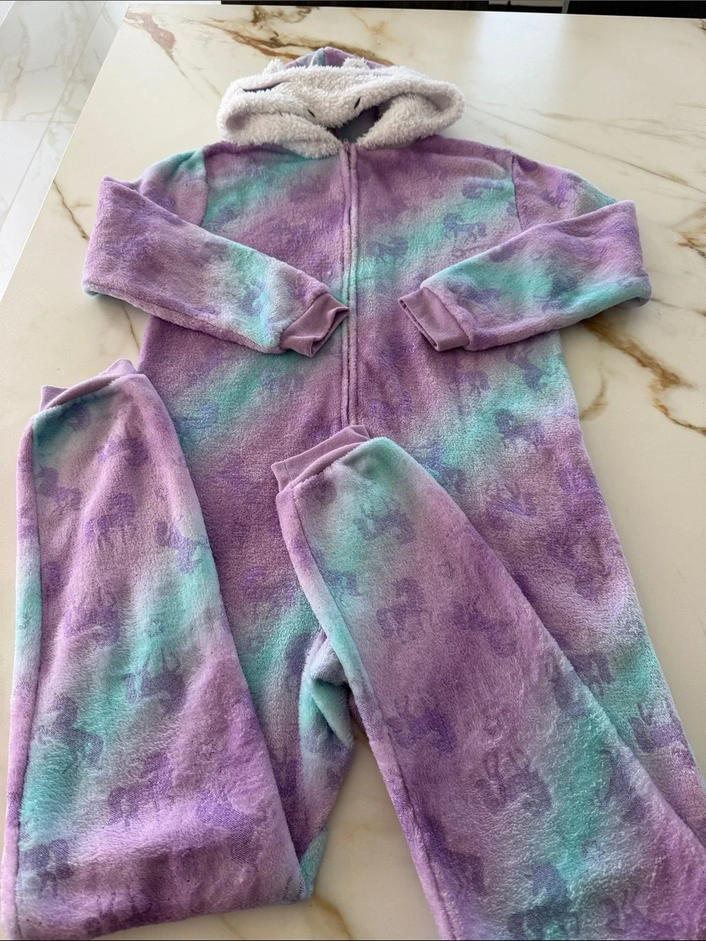 Plush Unicorn Hooded Kids One-Piece - Purple & Teal